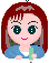 Pixelated cartoon avatar with red hair, blue jacket, white shirt, holding green object; show slight pose variation