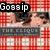 A red and white checkered background with a 'Gossip' text overlay, featuring repeated images of a person in sunglasses holding a microphone.
