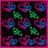 Pixelated heart-shaped icons with blue centers and pink outlines arranged in a grid, interspersed with green star-like shapes on black background.
