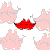 A static pixel art image shows a red, cartoonish vehicle with black wheels and a white outline, surrounded by four pink, cloud-like shapes with gray outlines on a white background.