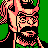 Pixelated 48x48 static icon of a bearded character with pinkish skin tones, black hair and beard, wearing a green headpiece against a solid green background.