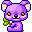 Pixelated purple koala with orange eyes and pink cheeks holds green leaves, displaying six distinct facial expressions