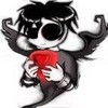 A cartoon character with large black eyes and spiky black hair holds a red heart-shaped object against a white background.