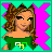 A 4-frame animated contact sheet showing a cartoon character's outfit and name in pixel art style with pink X-patterned background.