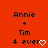 Red background displays 'Annie + Tim 4 ever' text with white heart and checkmark symbols changing across frames.