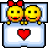 Animated contact sheet showing two frames of a pixel art buddy icon with yellow smiley faces in bed, one frame featuring a red heart symbol on the blanket.