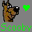 Pixelated cartoon dog head with green heart and text on gray background