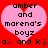 Two pink hearts on red background with black pixelated text reading 'amber and morena's boyz ai. and k.j.ai. and k.j.'