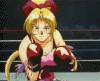 Animated sequence of a blonde anime-style character in pink and red boxing attire performing fighting poses against a dark background with horizontal lines.