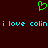 Green pixelated heart symbol above cyan text reading 'i love colin i love colin' on dark red background.