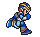Pixelated character in blue and white armor with yellow accents running through multiple poses against gray background.