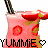 Two side-by-side pixelated images of a pink beverage with strawberries and green straw, each displaying 'YUMMIE' text in different colors.
