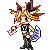 Pixel art contact sheet of a Yu-Gi-Oh! character with spiky hair, black outfit, and blue-and-white weapon across eight animated frames showing sequential movement.