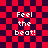 Red and dark purple checkered background with white pixelated text reading 'Feel the beat!' in four identical quadrants.