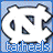 Pixelated white cat head with dark blue eyes and nose on light blue background, text 'tarheels' below in pixelated font.
