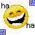 Two pixelated smiley face icons displayed side-by-side in a contact sheet format, one yellow on white background and one blue on black background, both with exaggerated grins and squinted eyes.