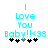Pixelated cyan text reads 'I Love You Baby!!!<33' above five black hearts with one gray heart, animated to shift positions.