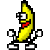Pixelated yellow banana character with black outline, white eyes, red mouth, and white gloves on a gray background.