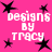 Pixelated pink background with black star shapes and white text reading 'designs by tracy' in four identical quadrants.