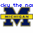Pixelated blue text above a large dark blue 'M' with yellow outline and horizontal yellow bar reading 'MICHIGAN', partially obscured by gray rectangle.