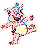Pixelated pink bear character with yellow belly badge, multiple poses showing dynamic movement against gray background.