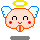 Pixelated angel icon with orange outline, yellow halo, blue wings, red cheeks, and smiling mouth; four variations show hand positions changing from clasped to open.