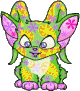 Colorful cartoon creature with large ears and flower patterns on its body, displayed in multiple color variations across a