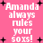 Pixelated pink background with white text reading "Amanda always rules your soxs!" and scattered black plus signs.