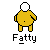 Pixelated yellow figure with white spherical head, black outline, and single black dot for eye, standing above stylized text reading "Fatty" on gray background.