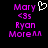 Pixelated text and symbols on black background with purple and white elements, including 'Mary', '<3s', 'Ryan Morem' and a heart outline.