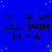 A static blue background with repeated pixelated text "THE SPERM WILL SWIM IN YOU" in black, scattered across the frame with small cyan dots and a gray rectangle at bottom-right.