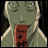 Pixelated anime-style character with closed eyes and light brown hair, holding a red object with a blue dot against a black background.