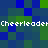 Pixelated of blue and green squares with repeated white text reading "Cheerleader" across two horizontal bands