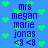 Blue background with green pixelated hearts; repeated text blocks in blue font including 'mrs', 'megan', 'marie', 'jonas', and '<3 <3' symbols.