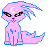 Pixelated pink creature with blue outline, crescent moon and star on forehead, black eyes with white highlights, purple nose, sitting pose with tail curled left, four variations show eye and tail changes.