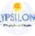 Animated circular icon with yellow flame top, blue text 'YPSILON' and green bar below; animation cycles through mirrored text variations.