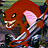 A pixelated red creature with large eyes and a wide grin, holding a white object against a multicolored background.