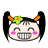 Four pixelated cartoon faces with black pigtails, orange horns, green flower headbands, pink cheeks, and wide grins showing teeth on a gray background.