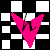 Four pixelated V-shaped icons in pink, cyan, green, and magenta on a black-and-white checkered background with visible text elements.