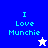 Pixelated text "I Love Munchie" in cyan on blue, white, and purple backgrounds with a white star and blue star icon.