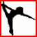 Black silhouette of a dancer in mid-air pose with one leg extended upward and arms outstretched against white background.