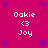 Pixelated pink background with purple hearts and repeated white text "Oakie <3 Joy" in four quadrants.
