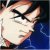 Pixelated close-up of a figure with dark hair and closed eyes against a blue background.