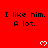 Red background with repeated black text "I like him. A lot." and white pixelated hearts, partially cropped at bottom right.