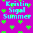 Pixelated text 'Kristin Sigal Summer' in light blue on magenta background with green heart shapes, animated to shift positions.