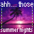 Pixelated sunset scene with palm tree silhouette over water, text 'ahh... those' above and 'summernights' below in white block letters.