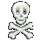Nine white skeletal icons arranged in a on gray background, each showing variations of skull and crossbones with different sizes and orientations