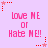 Pixelated pink text on light purple background with red star corner decorations, repeating 'love ME or Hate ME!' in a pattern