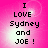 Pixelated text on a pink gradient background with four identical showing 'I LOVE Sydney and JOE !' in black block letters
