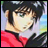 Anime character with dark hair and green eyes in red and black clothing, next to pixelated text on black background.
